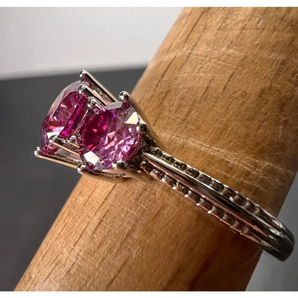 Pink moissanite trilogy ring in platinum over sterling silver size 7 - Picture 7 of 12